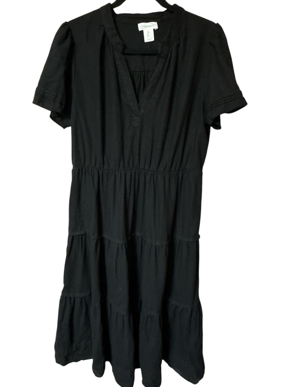 Cynthia Rowley Linen Blend V-Neck Short Sleeve Tiered Maxi Dress Black Large